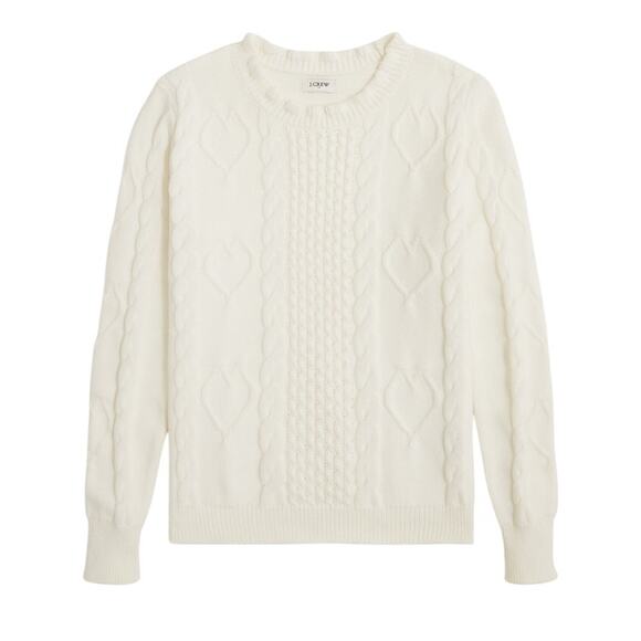 J.Crew Women’s Cable-Knit Hearts Crewneck Sweater Ivory CF398 | Size Large New - Picture 1 of 14